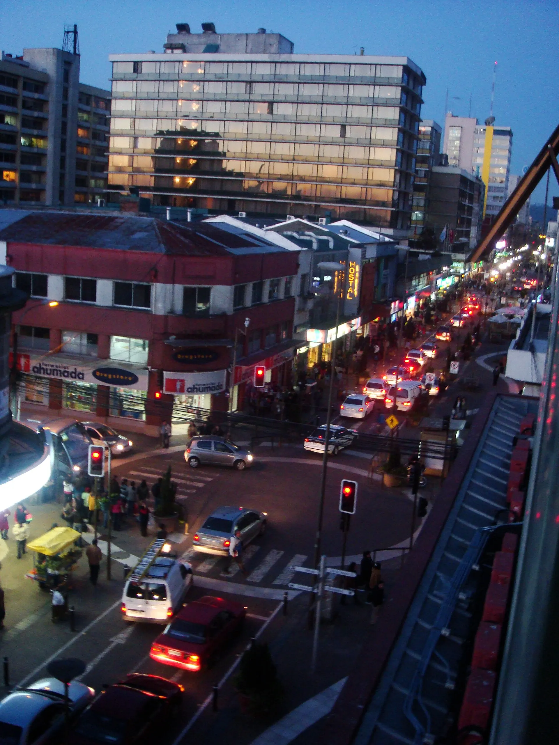 A street in the city centre at dusk